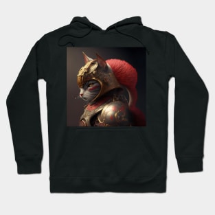 Samurai Cat Wearing Red and Gold Armor Hoodie